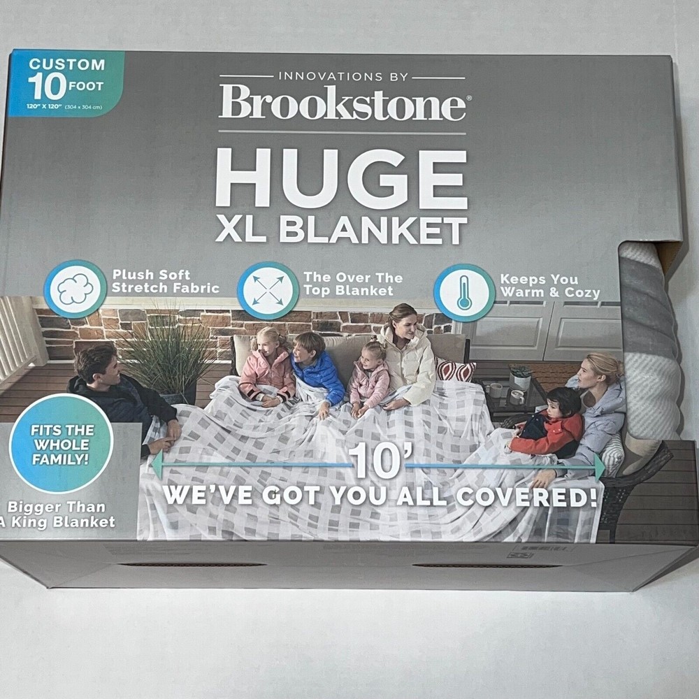 Brookstone Huge XL Blanket SOFT Jumbo 10' x 10' Grey Check Plaid NEW Extra Large